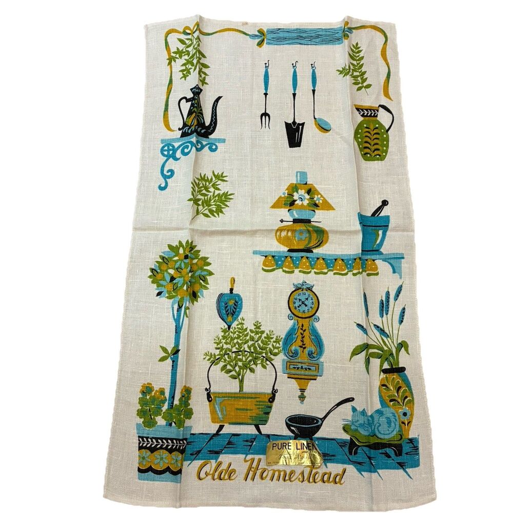 Pure Linen Tea Kitchen Towel Olde Homestead Joyce Morris Cottagecore Turquoise